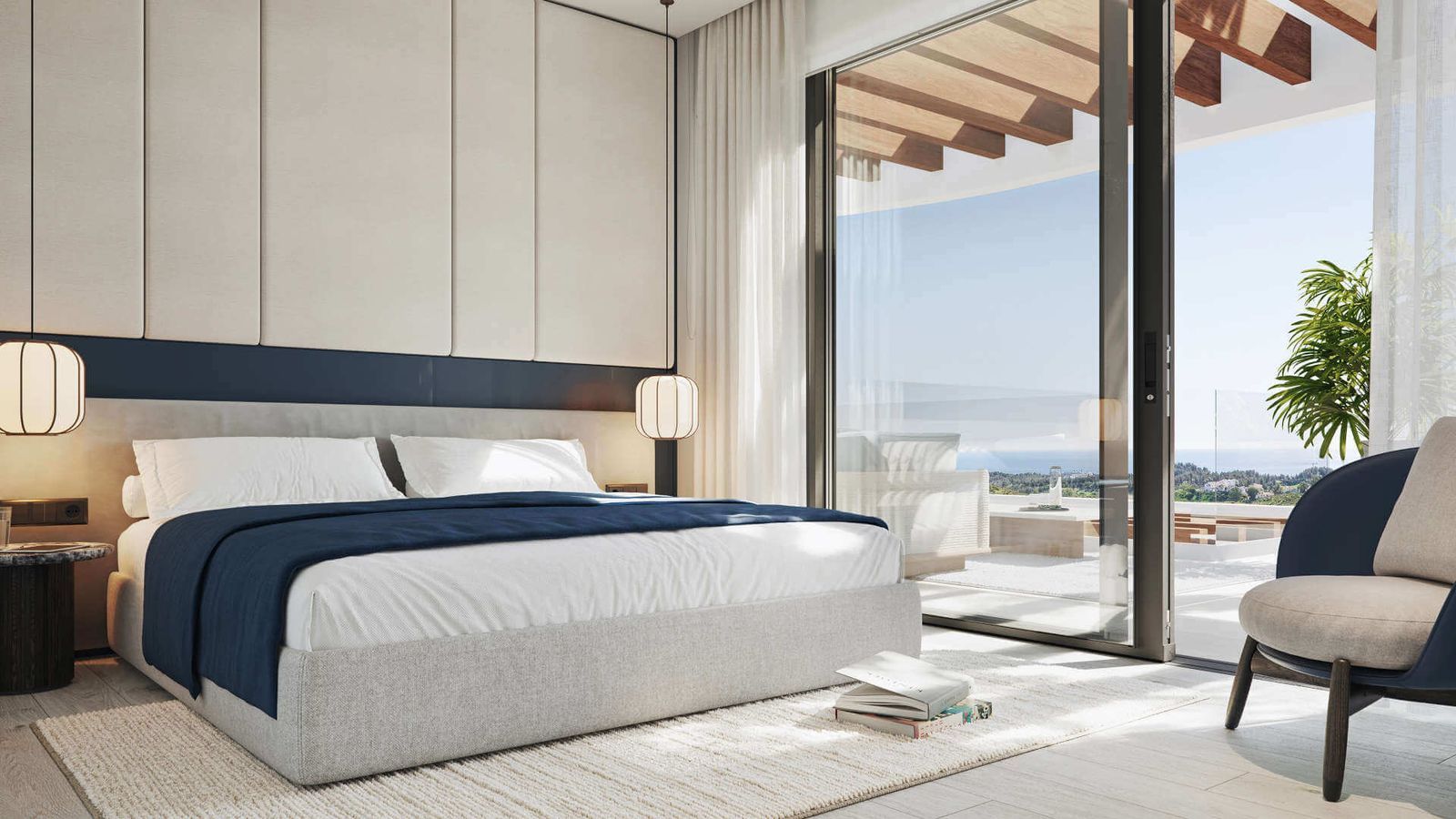 Luxe slaapkamer met uitzicht op zee in Mijas 360